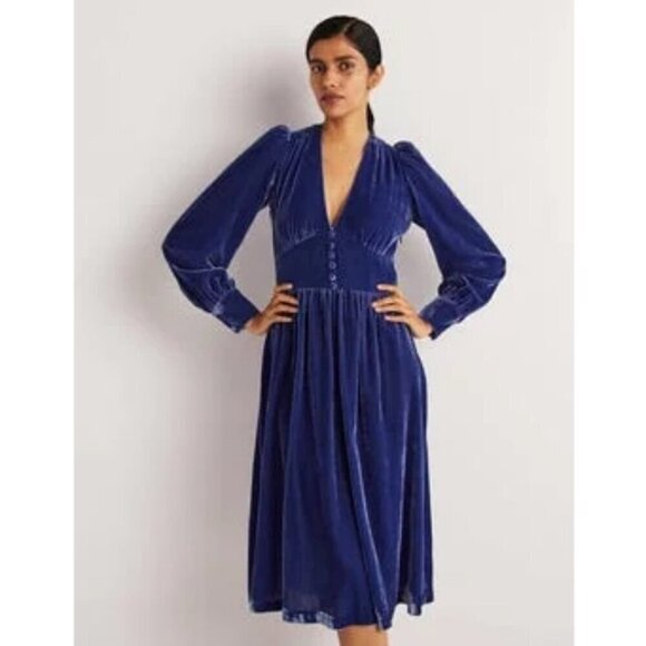 💕BODEN💕 Velvet Midi Party Tea Dress ~ Sea Blue US 8 NWT - Picture 2 of 16